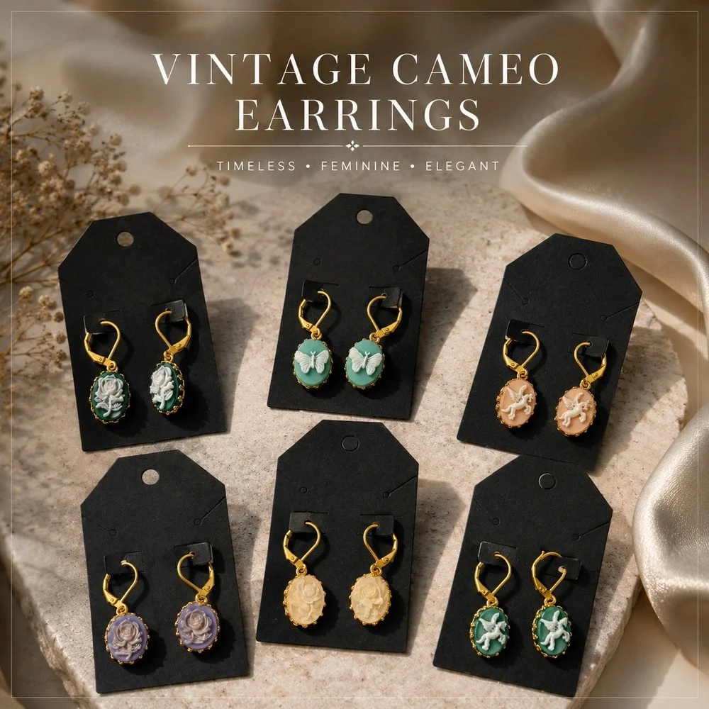 Vintage Style Cameo‎ Leverback Drop Earrings Rose Butterfly Pegasus Gold Tone